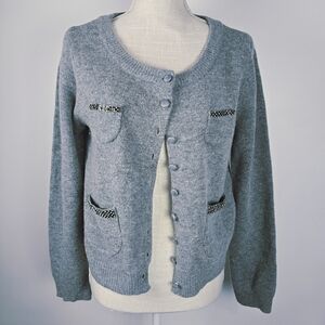 Sundance Gray Lambswool Cardigan Rhinestone Accented Pockets Medium